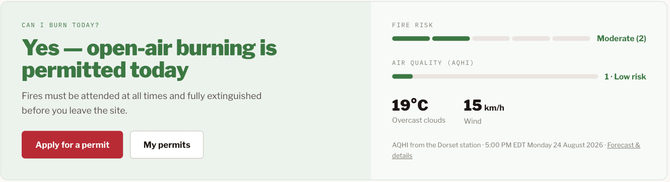 The resident page answering “Can I burn today?” with yes, alongside the fire risk level, air quality index, temperature and sustained wind it was decided from.